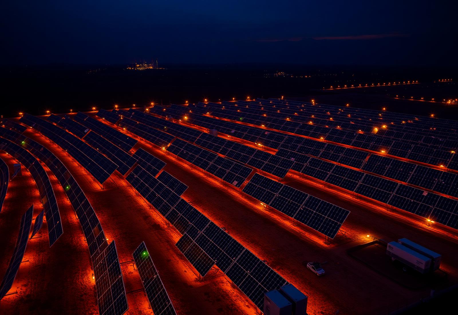 Solar and battery storage infrastructure at dusk
